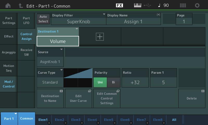Part Edit (Edit) Mod/Control (Modulation/Control) Control Assign You can now set Super Knob to Display Filter.