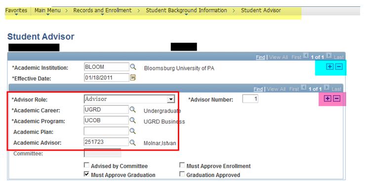 Assigning an Advisor to a Student 1. From the main menu, click the Records and Enrollment link. 2. Next, click the Student Background Information menu item. 3. Now click the Student Advisor link. 4.