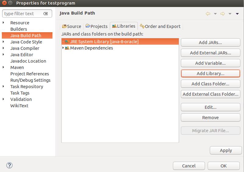 Build Path Remove the default JRE System Library by right clicking on project, Select Build Path->Configure Build Path as shown in the following screenshot.
