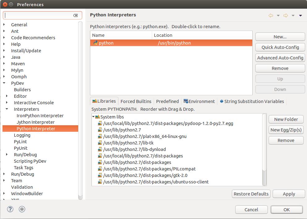 In Eclipse, go to Window->Preferences In the left pane, select PyDev->Interpreters->Python Interpreter Click Quick Auto-Config to include the python path to the interpreter.