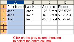 To Select All Cells in a Column or Row: Click the gray Column heading to select the entire column.