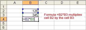 To Create a Simple Formula that Multiplies the Contents of Two Cells: Type the numbers you want to calculate in separate cells (for example, type 128 in cell B2 and 345 in cell B3).