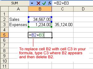 The cursor can now move left and right between the values in the formula in cell B5. Make the necessary changes to the formula. Press the Enter key or click the Enter button to accept the new formula.