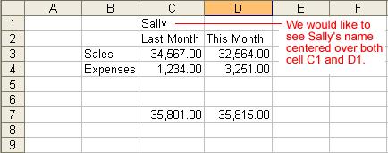 The contents will be centered across the new merged cell. The picture below shows why we might want to merge two cells. The spreadsheet presents Last Month and This Month Sales and Expenses for Sally.