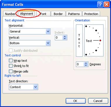 (You could also right-click and choose Format Cells from the shortcut menu.) The Format Cells dialog box opens. Click the Alignment tab.