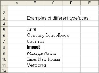 style of the letter; Size of the letter; and Color of the letter. The default font in a spreadsheet is Arial 10 points, but the typeface and size can be changed easily.