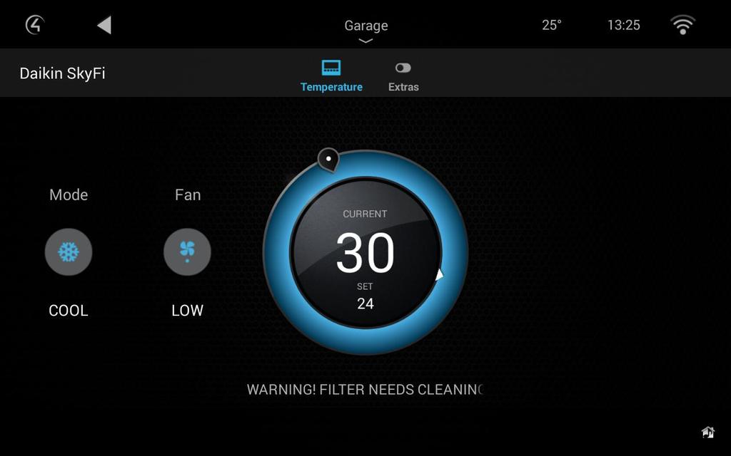 The Temperature tab will also provide the following feedback. Filter requires cleaning.