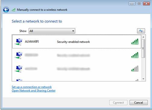 Select the network which SSID is ALMAWIFI and click on Connect.