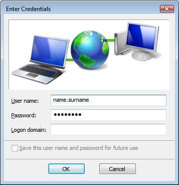 A pop-up is opened where your USER ID and PASSWORD must be entered, as well as the domain The User ID and the Password to be