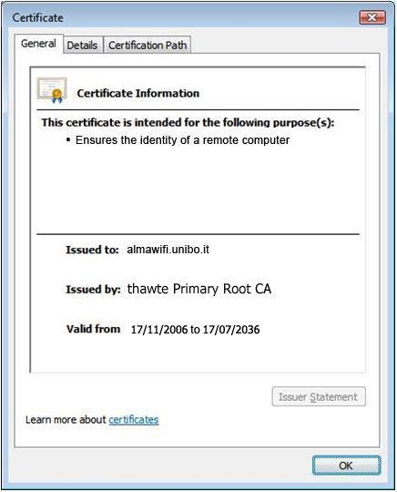 You must control that the certificate is Issued to: cesiaweb.unibo.it and Issued by: Thawte Premium Server CA. Click OK to accept the server certificate.