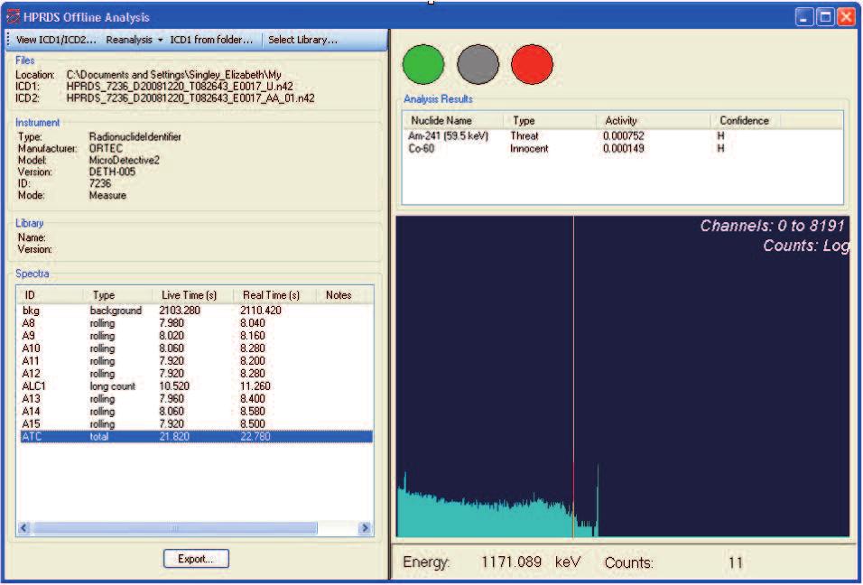 Micro-Detective-HX Offline Analysis Program Views the spectral contents of -HX data files, real time and live time for each spectrum contained in each, radioactive sources identified (if any), and