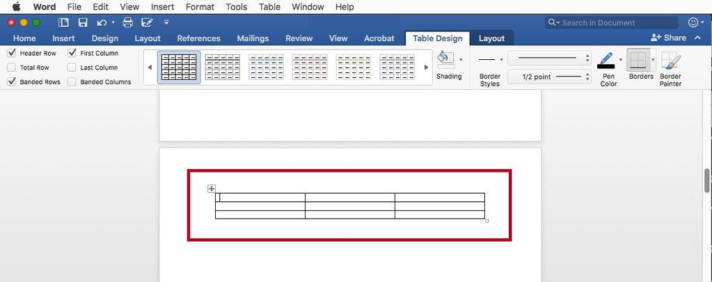 4. Your new table will be placed within your document. Figure 13 - Your New Table Note: This method will only allow you to create a table up to 10x8 in size.