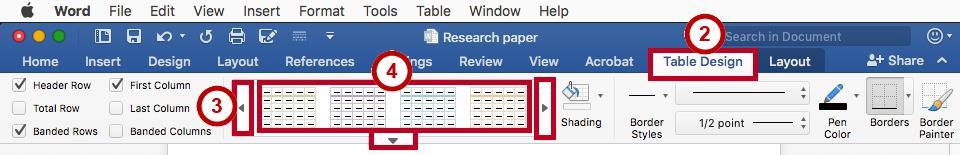Adding Table Styles 1. Click in the table. 2. Click the Table Design tab in the Ribbon (See Figure 35