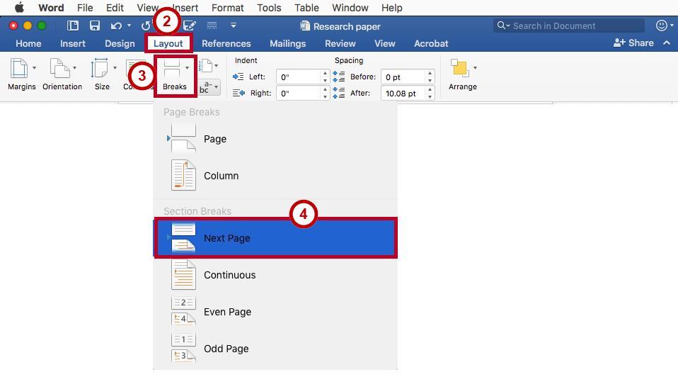 Inserting a Section Break 1. Click at the end of a page in the document. 2. Click the Layout tab (See Figure 42