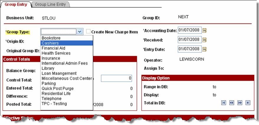 First, we must select the Group Type. The Group Type describes the type of transactions that we are adding. Click the dropdown arrow to display a list of Group Types.