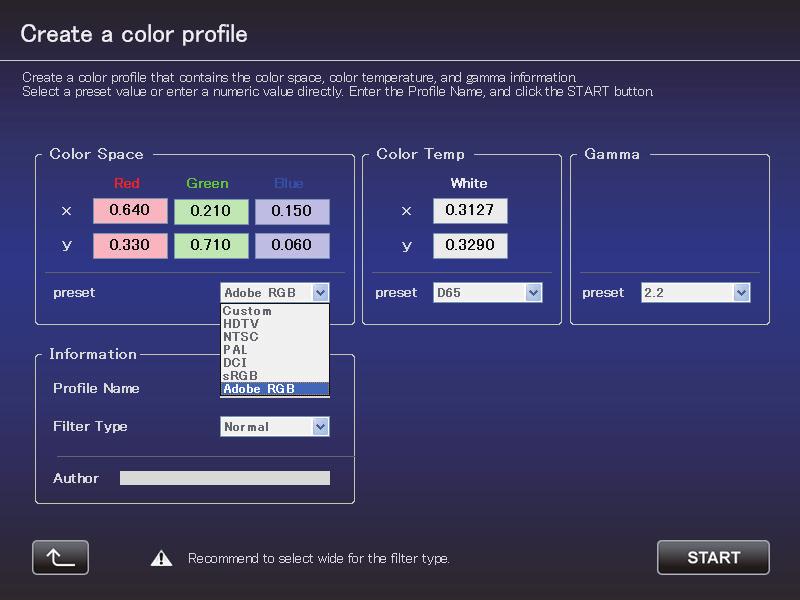 Creating a Color Profile Use this feature to create a color profile that contains the color space, color temperature, and gamma information. 1 the Create button. 2 Create a color profile.