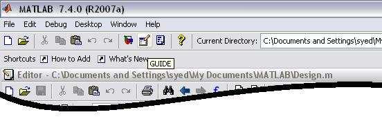 3.4 GUI in GUIDE 3.4.1 Open GUIDE From MATLAB File menu, click New > GUI. From the MATLAB explorer, click the button at the menu bar as shown as Figure 3.7; Click here to open the GUIDE.