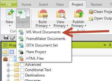 3 3Import the Word Document to the Flare Project To import the prepared MSWord document into the new Flare project: 1. Open the project file in Flare. 2.