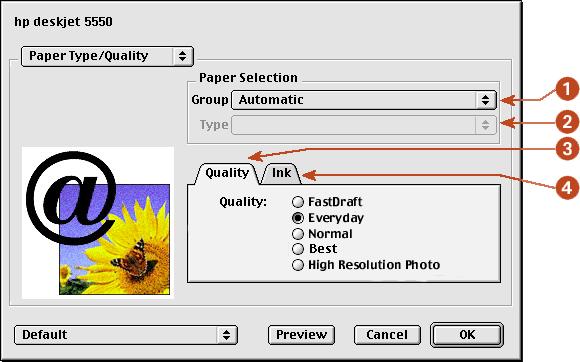 using printer software with Mac OS 8.6, 9.x, and X Classic 1. Paper Group: Select the category of paper used, such as plain paper, or select automatic to engage the Automatic Paper-Type Sensor. 2.