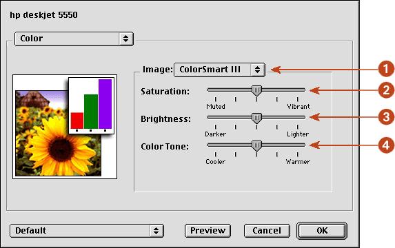 using printer software with Mac OS 8.6, 9.x, and X Classic Use the Color panel for these functions: 1. Image: Choose one of the following: ColorSmart III: Prints optimum color quality.