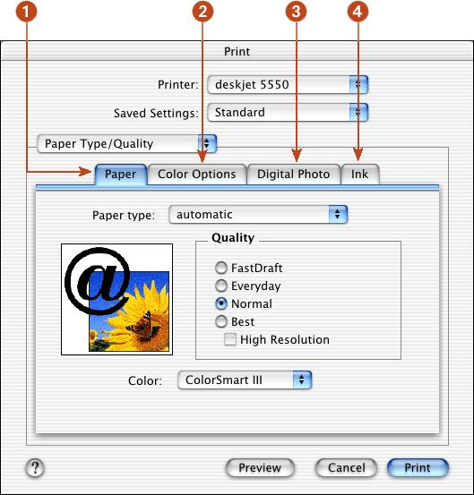 using printer software with Mac OS X paper type/quality Use the Paper Type/Quality panel for these functions: 1.