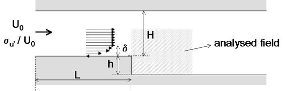 flow is blown into a channel with a section of 1 by cm. The backwad facing step geomety is ceated by an expansion of the main channel. The step height h is cm with an expansion atio ER of 1.