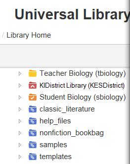 The folders displayed in the Universal Library are arranged below the logged in user by rank, (1) Top Level Coordinator (TLC), (2) Site Level/Team Coordinator (SLC), and (3) their sub-users.