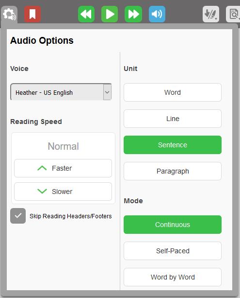 Changing the Reading Settings. To change reading settings, click the Audio Options button. The settings you choose are saved as your preferences.