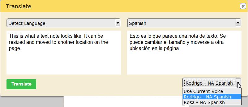 3. From the drop-down list on the right side of the dialog, select the language to use for translation. The languages in bold indicate that there is a voice associated with the language. 4.