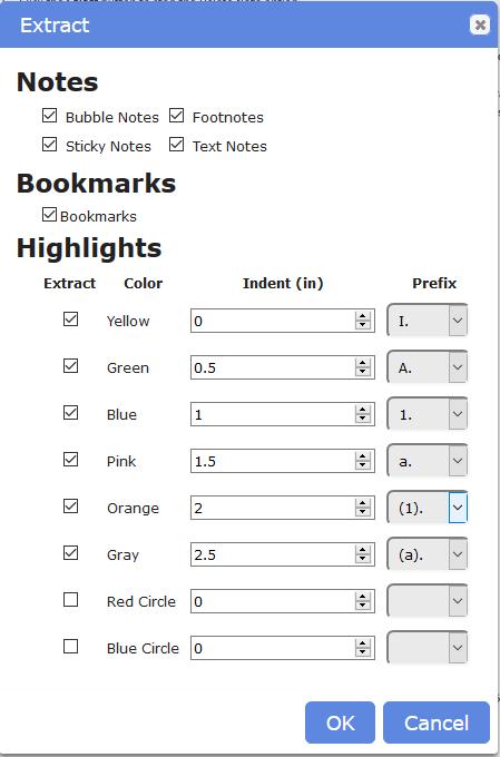 2. Click the OK button. Or, if you want to change the prefix and the indent level for any of the highlight colors, click the Advanced button.