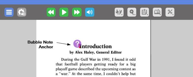Bubble notes are anchored to words in image documents and appear as a purple question mark. Bubble Notes typically appear automatically when you come across them in a document.