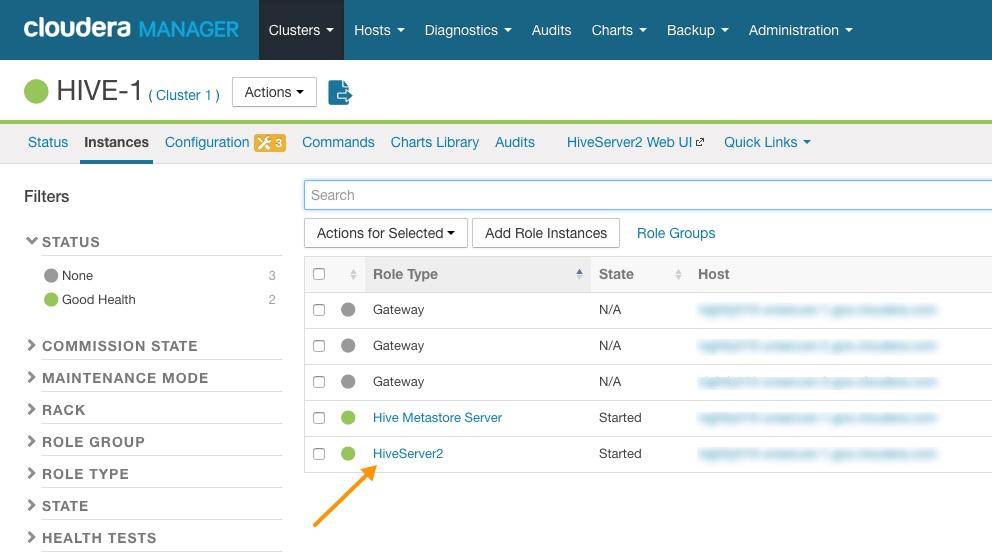Troubleshooting Hive Figure 8: HiveServer2 Link on the Cloudera Manager Instances Page 3. On the HiveServer2 page, click Processes.