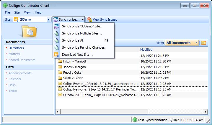 Synchronizing Sites Manually After you have added your sites, you may want to synchronize them manually, outside of the settings you set in the Colligo Contributor Options dialog: 1.