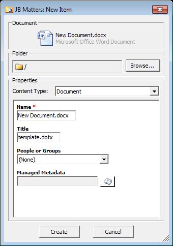The Create New Document dialog displays: 2. Choose your document type from the Site Templates tab or the Other tab. 3. Enter a name for the document, and click Create. The New Item dialog displays.