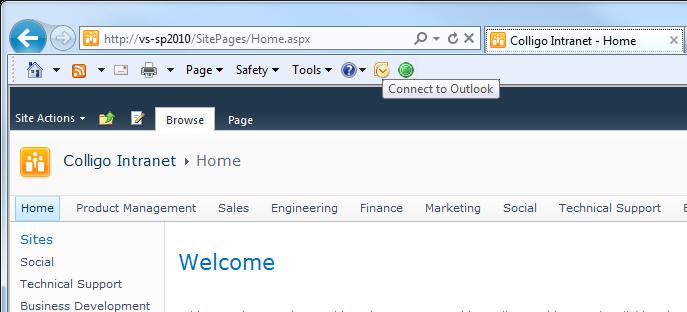 Using the Connect to Outlook Button in Internet Explorer You can add a SharePoint list or library to Contributor Add-in for Outlook directly from Internet