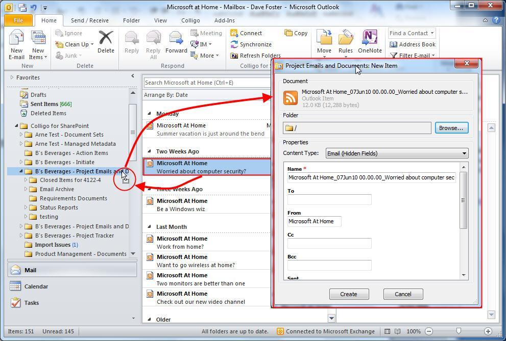 Filing Items to SharePoint Folders You can file emails and documents to your SharePoint folders in Outlook in a number of different ways.