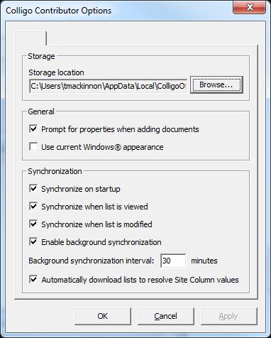 Configuring Synchronization Settings The synchronization settings for Contributor File Manager are set in the Control Panel. 1. From the View menu, select Options.
