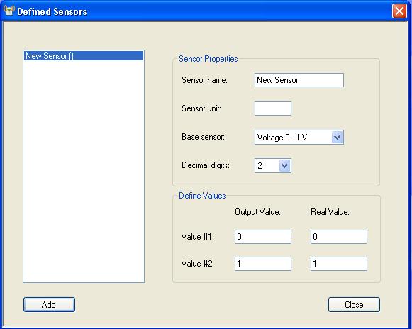 4.5. Tools Menu Items 4.5.1. Define Sensor DataNet enables the user to define custom sensors.