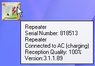 When the Repeater is online the following tooltip is displayed: In online mode, the Repeater also displays: The Power status (% battery left or Connected to AC) Reception quality: Strength of RF