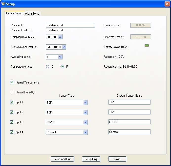 Figure 9: Logger Setup window This dialog provides non-editable information such as the serial number, battery level, reception level and firmware version of the current unit.