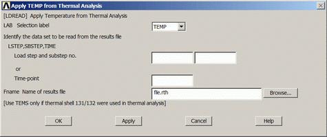8. Include Thermal Effects Solution > Define Loads > Apply > Structural > Temperature > From Therm Analy As shown below, enter the file name File.rth.