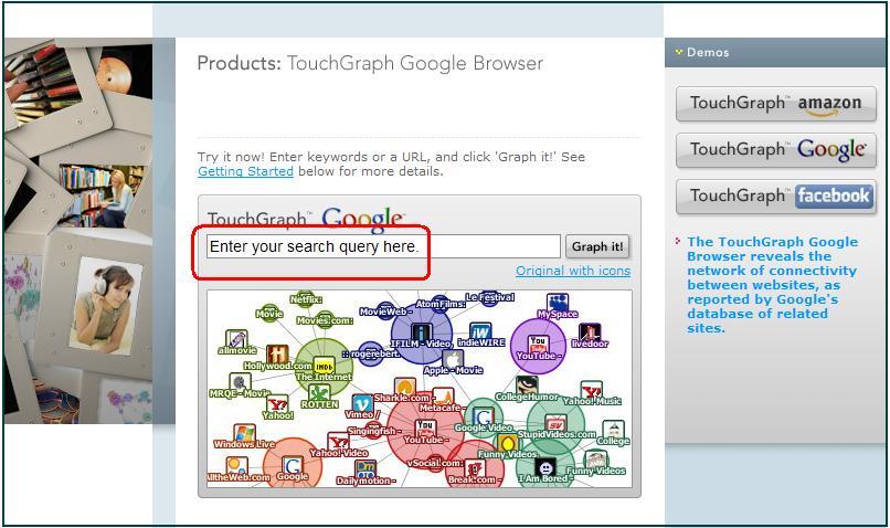 TouchGraph SEO http://www.touchgraph.com/seo NOTE Touchgraph is powered by Google and supports Google s advanced search syntaxes.