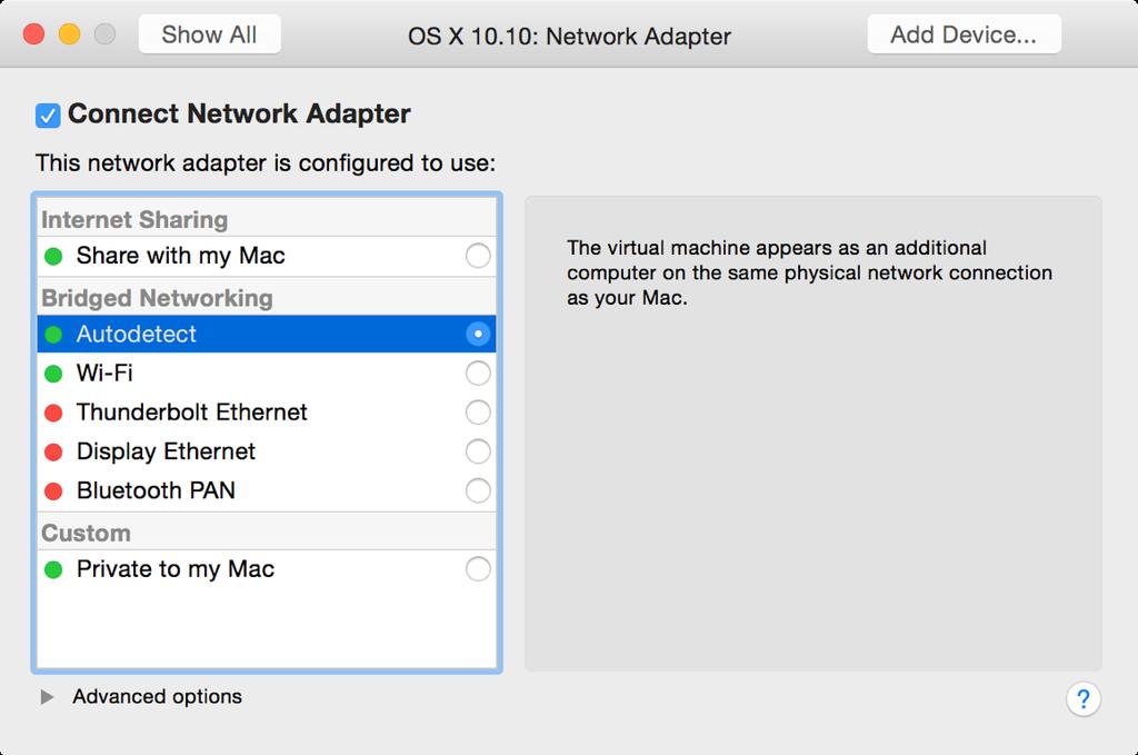 Building VMware Fusion VMs with DeployStudio and createosxinstallpkg In the Network Adapter settings, select Autodetect under Bridged Networking.
