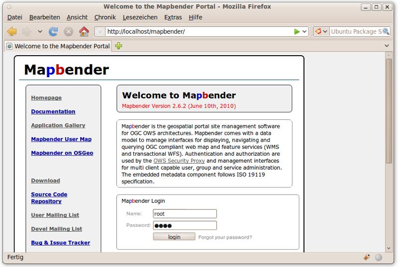 3 Start Mapbender 5 3 Start Mapbender 1. Choose Mapbender from the start menu if you use the OSGeoLive DVD. Else open your browser and go to http://localhost/mapbender/ 2.