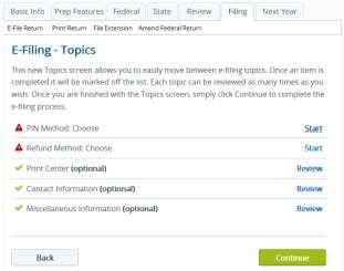 5. A screen titled E-Filing-Topics will appear, where you can navigate to specific e-file topics (see list below).