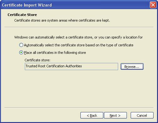the Trusted Root Certification Authorities store. Just follow the prompts of the Import Wizard. Go to [Tools]->[Internet Options]->[Advanced], and make the following settings for the Web browser.
