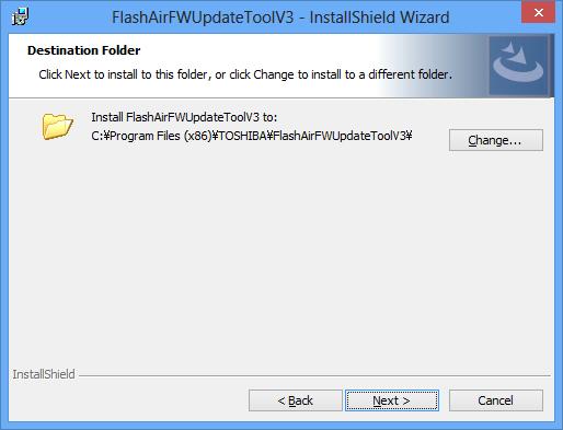 Select a folder as the installation destination of the FlashAir software update tool and then click "Next".