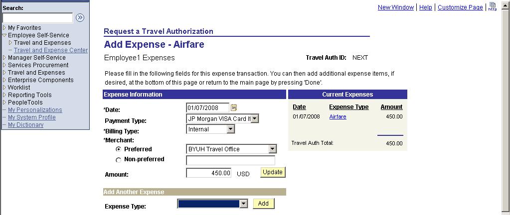 Airfare Expense Type: Fill in the required fields. Date: The date is already populated.. Payment Type: two choices to select from.