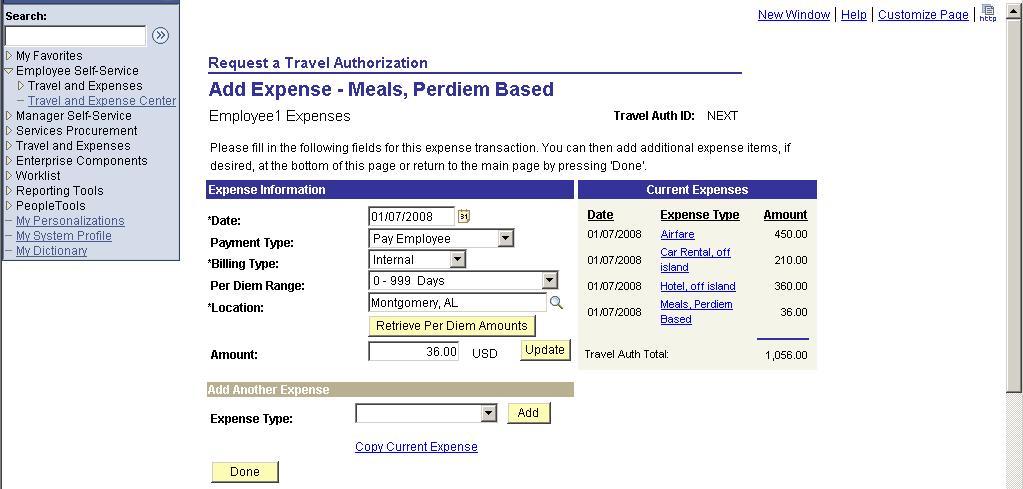 Payment type: Select Pay Employee if you will be using cash or personal credit card to pay for your meals.