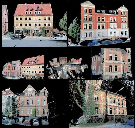 Fig. 8 : Some snapshots for a colored point cloud of the crossing in Germany 5. MOUNTED CAMERA APPROACH Nowadays the optional true colour channel, integrated in some laser scanner types (e.g. Riegl LMS-Z420), provides the colour of the target surface as additional information to each space measurement.